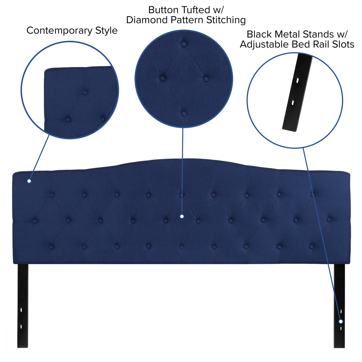 Navy,King |#| Arched Button Tufted Upholstered King Size Headboard in Navy Fabric