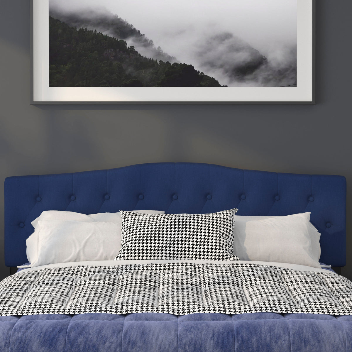Navy,King |#| Arched Button Tufted Upholstered King Size Headboard in Navy Fabric
