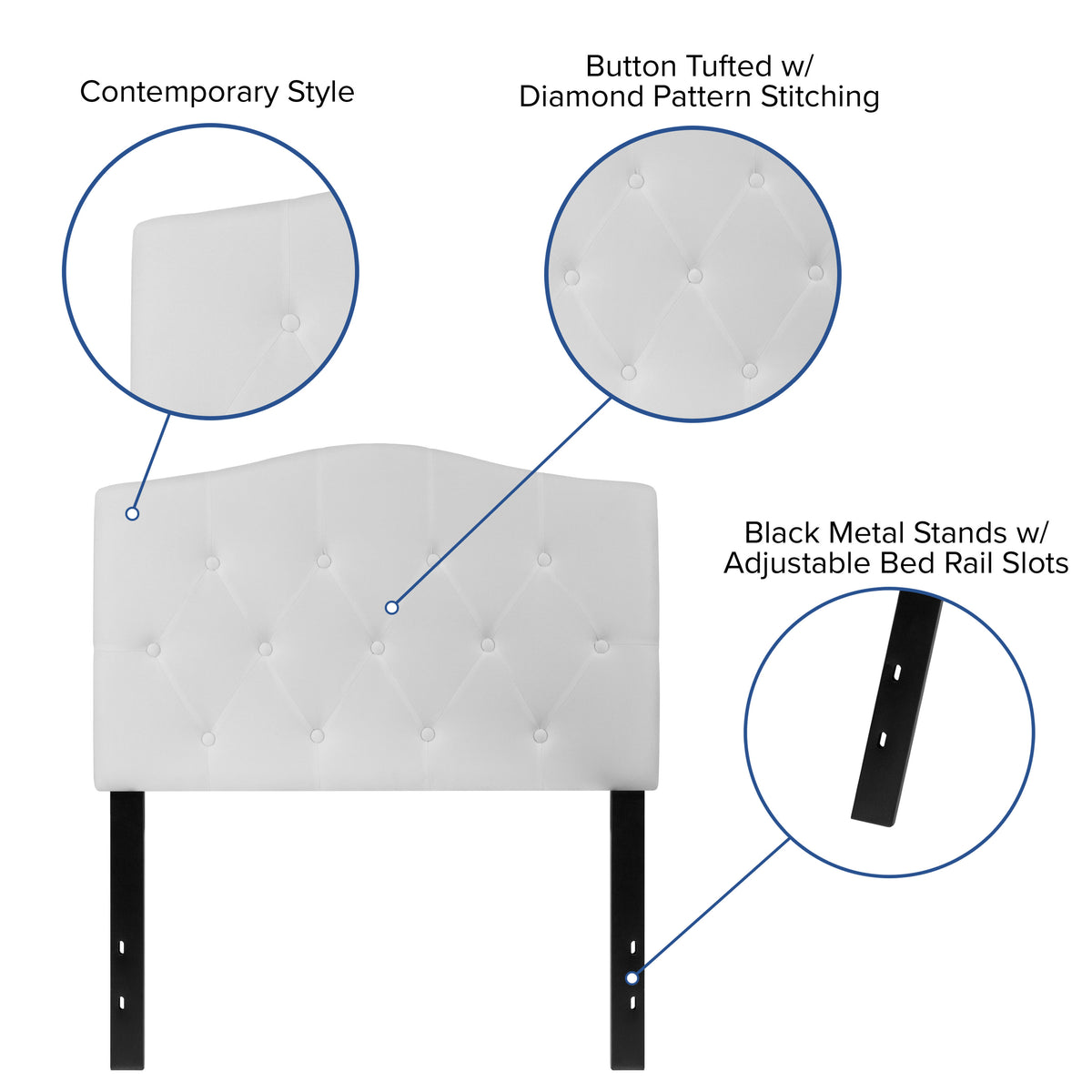 White,Twin |#| Arched Button Tufted Upholstered Twin Size Headboard in White Fabric