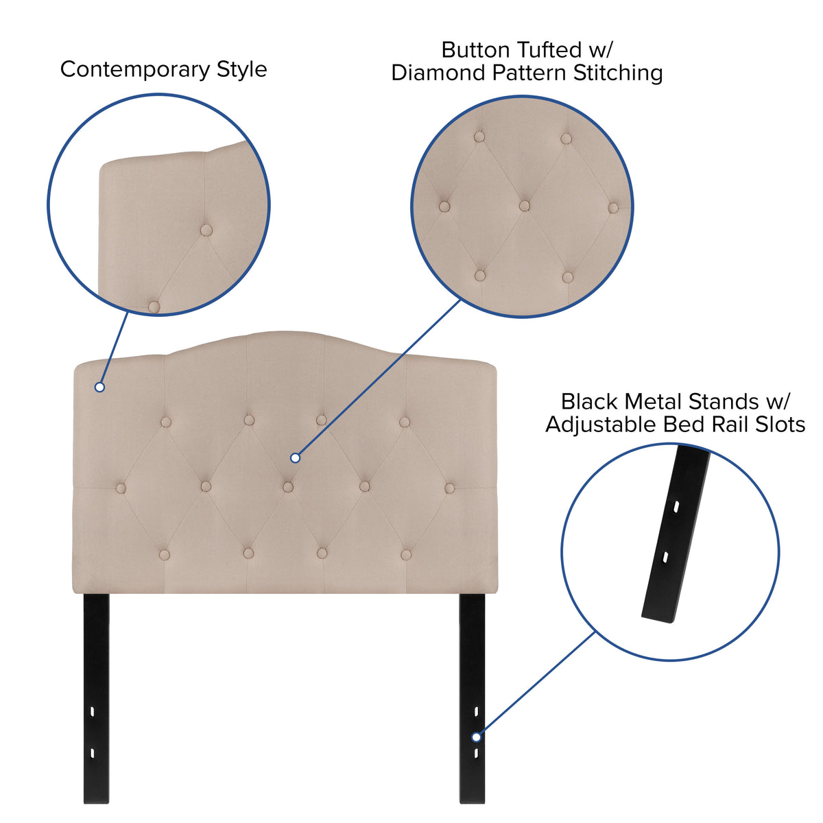 Beige,Twin |#| Arched Button Tufted Upholstered Twin Size Headboard in Beige Fabric