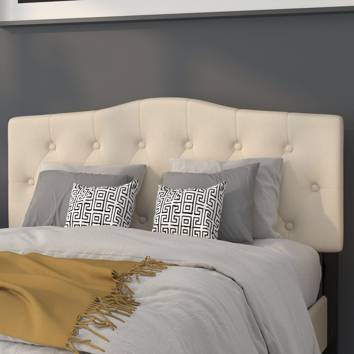 Beige,Full |#| Arched Button Tufted Upholstered Full Size Headboard in Beige Fabric