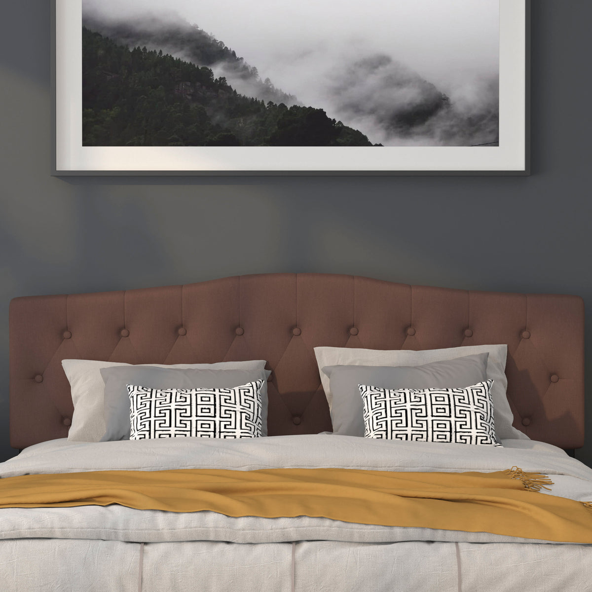 Camel,King |#| Arched Button Tufted Upholstered King Size Headboard in Camel Fabric