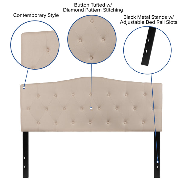 Beige,Queen |#| Arched Button Tufted Upholstered Queen Size Headboard in Beige Fabric
