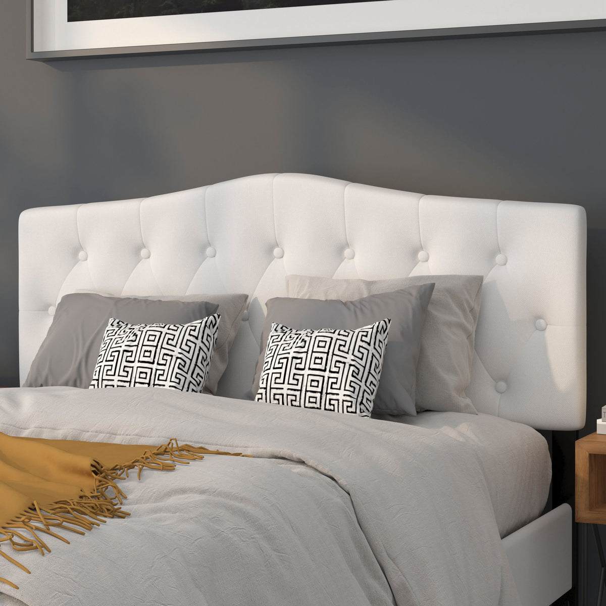White,Queen |#| Arched Button Tufted Upholstered Queen Size Headboard in White Fabric