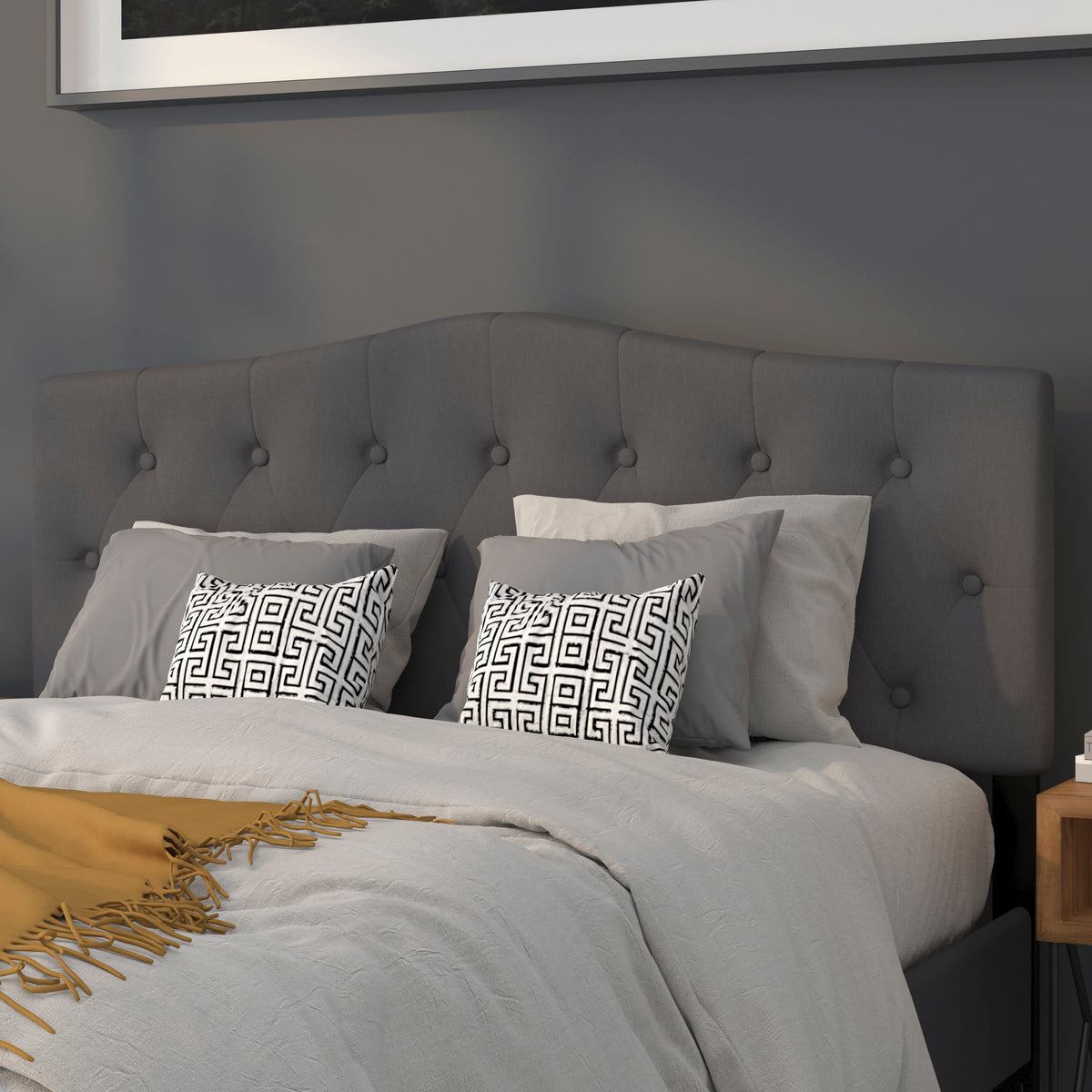 Dark Gray,Queen |#| Arched Button Tufted Upholstered Queen Size Headboard in Dark Gray Fabric