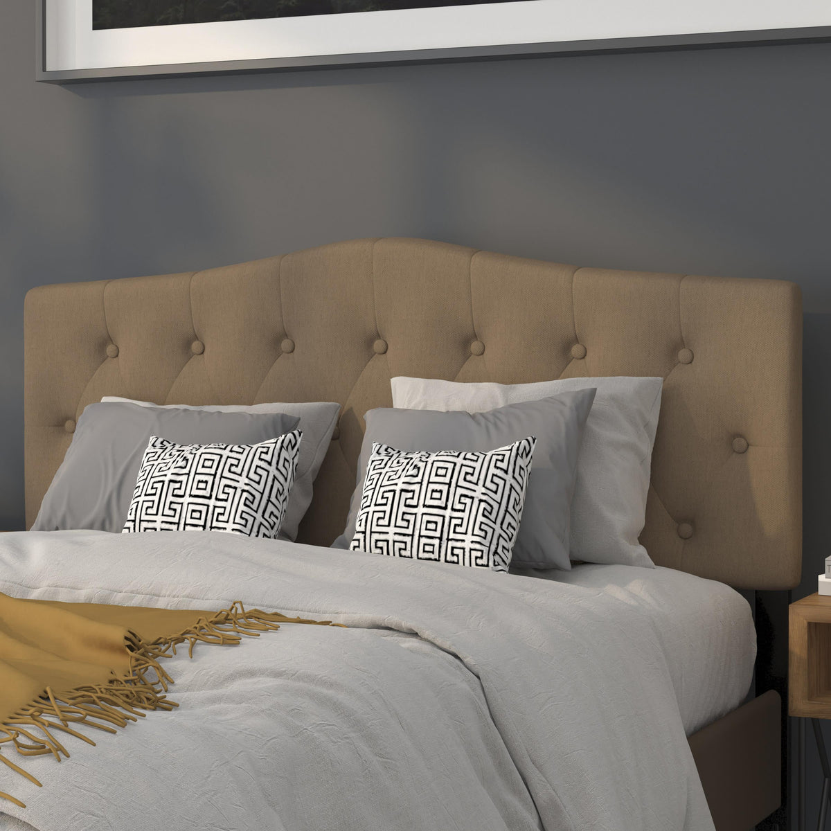 Dark Brown,Queen |#| Arched Button Tufted Upholstered Queen Size Headboard in Dark Brown Fabric