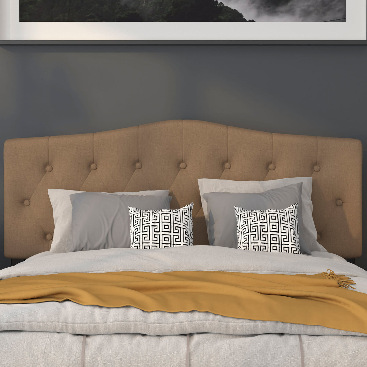 Dark Brown,Queen |#| Arched Button Tufted Upholstered Queen Size Headboard in Dark Brown Fabric