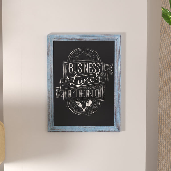 Rustic Blue,18inchW x 0.75inchD x 24inchH |#| 18inch x 24inch Wall Mounted Magnetic Chalkboard with Wooden Frame - Rustic Blue