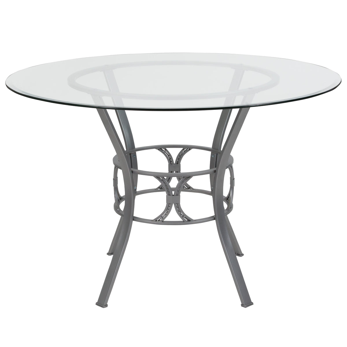 Clear Top/Silver Frame |#| 45inch Round Glass Dining Table with Crescent Style Silver Metal Frame
