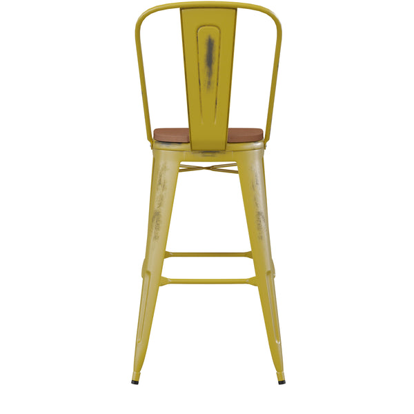 Yellow/Teak |#| All-Weather Bar Height Stool with Poly Resin Seat - Yellow/Teak