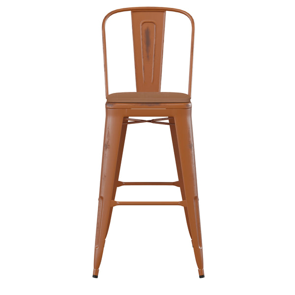 Orange/Teak |#| All-Weather Bar Height Stool with Poly Resin Seat - Orange/Teak