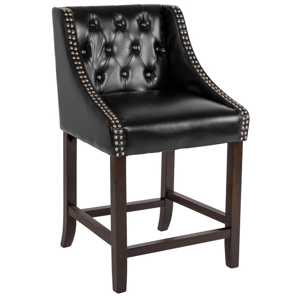 Black LeatherSoft |#| 24inch High Walnut Counter Height Stool with Accent Nail Trim in Black LeatherSoft