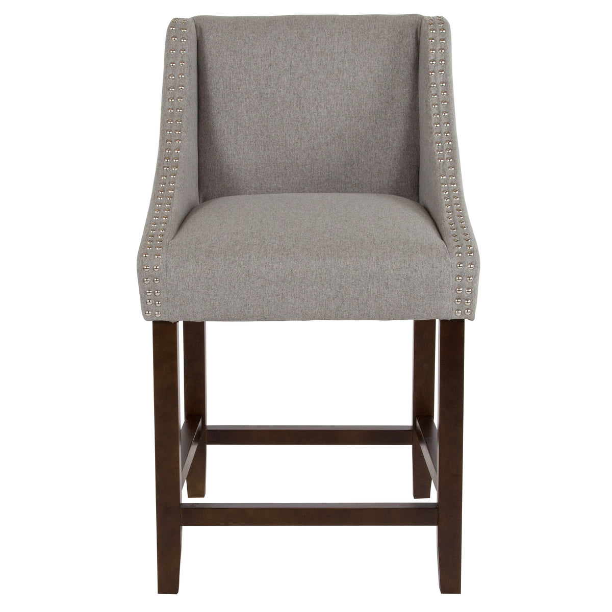Light Gray Fabric |#| 24inchH Walnut Counter Stool with Accent Nail Trim - Light Gray Fabric