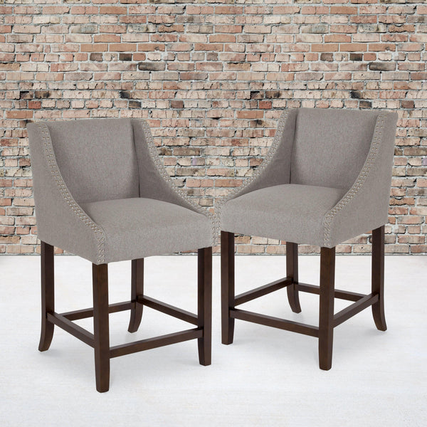 Light Gray Fabric |#| 24inchH Walnut Counter Stool with Accent Nail Trim - Light Gray Fabric, Set of 2