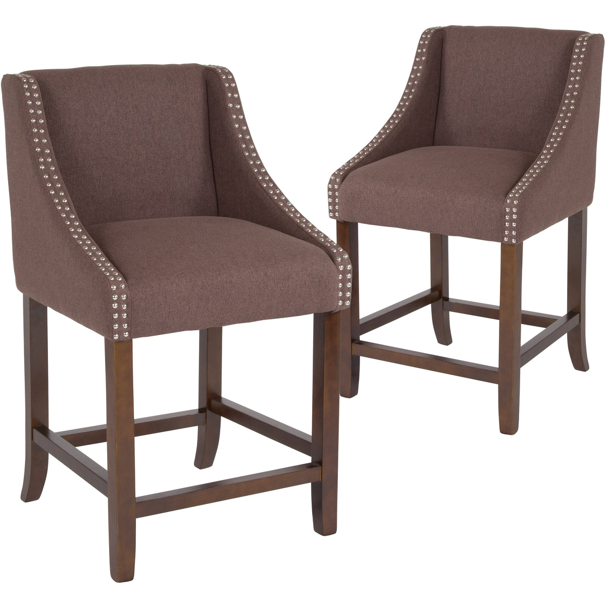 Brown Fabric |#| 24inchH Walnut Counter Stool with Accent Nail Trim - Brown Fabric, Set of 2