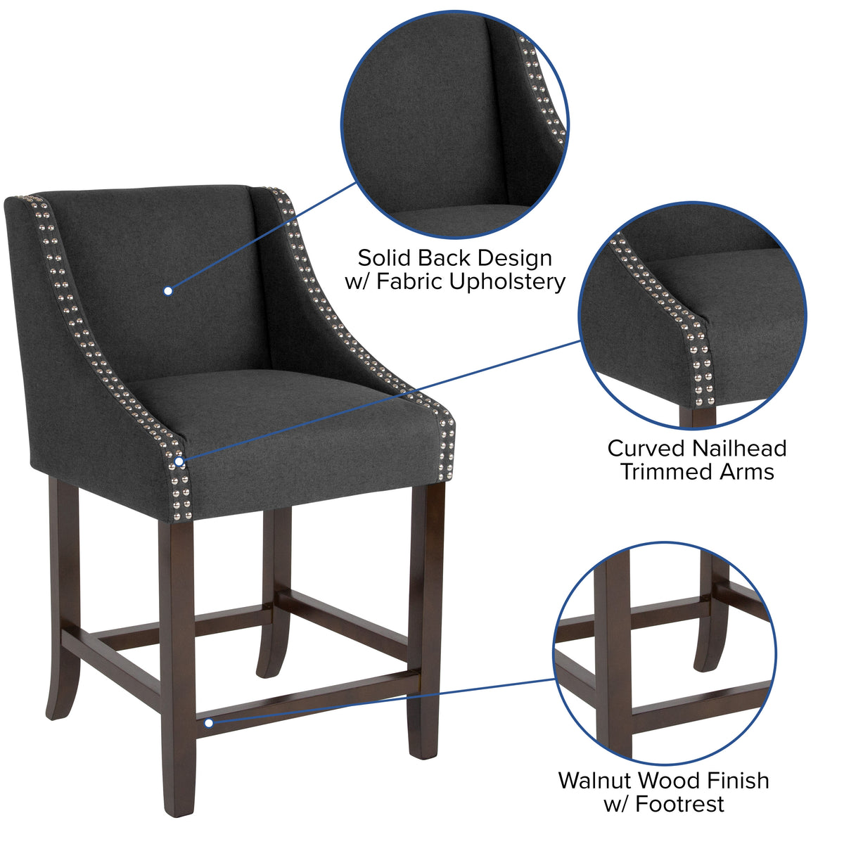 Charcoal Fabric |#| 24inchH Walnut Counter Stool with Accent Nail Trim - Charcoal Fabric, Set of 2