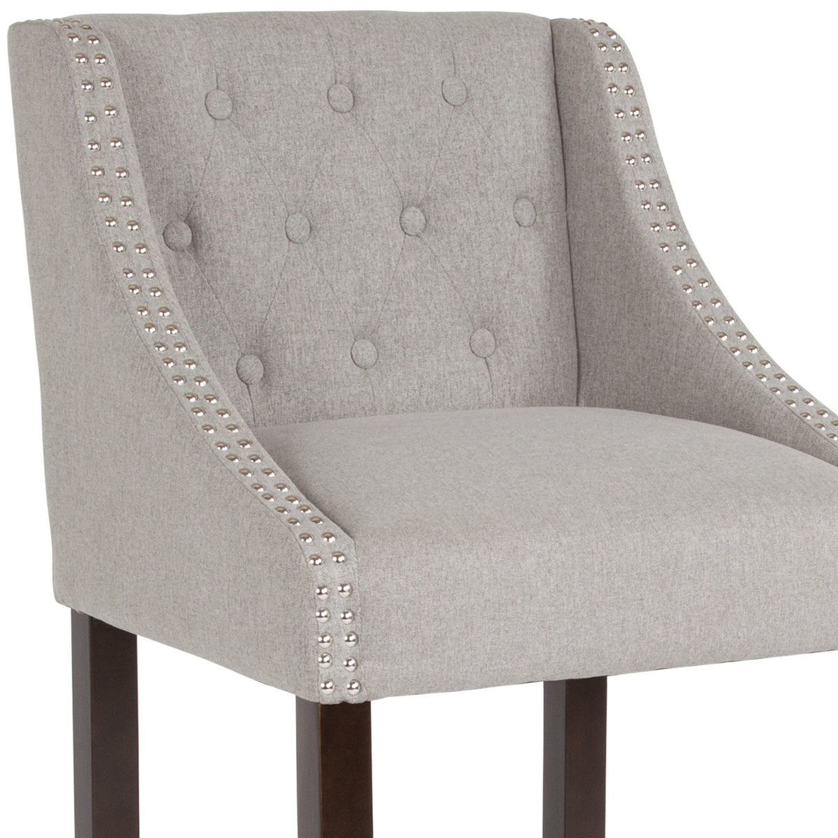 Light Gray Fabric |#| 30inch High Tufted Walnut Barstool with Accent Nail Trim in Light Gray Fabric