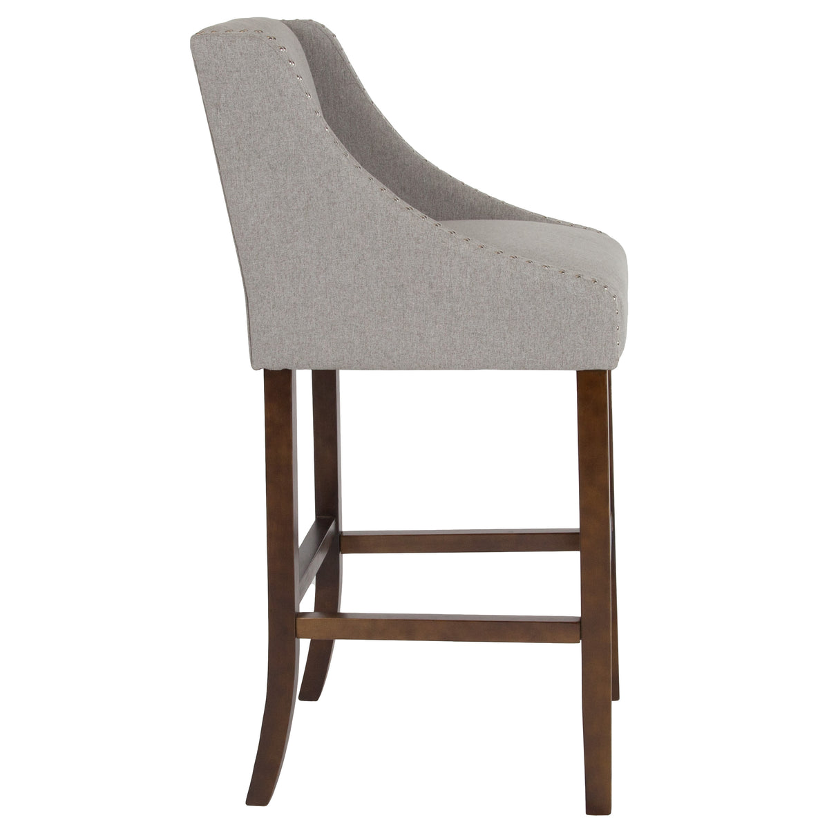 Light Gray Fabric |#| 30inch High Transitional Walnut Barstool with Accent Nail Trim in Light Gray Fabric