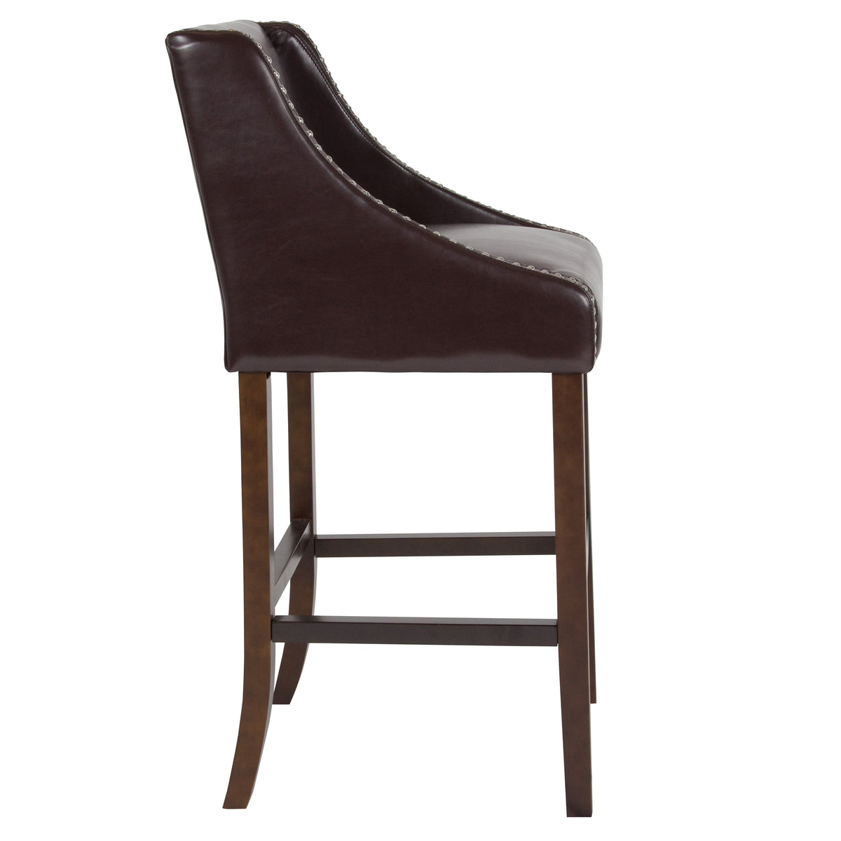 Brown LeatherSoft |#| 30inch High Transitional Walnut Barstool with Accent Nail Trim in Brown LeatherSoft