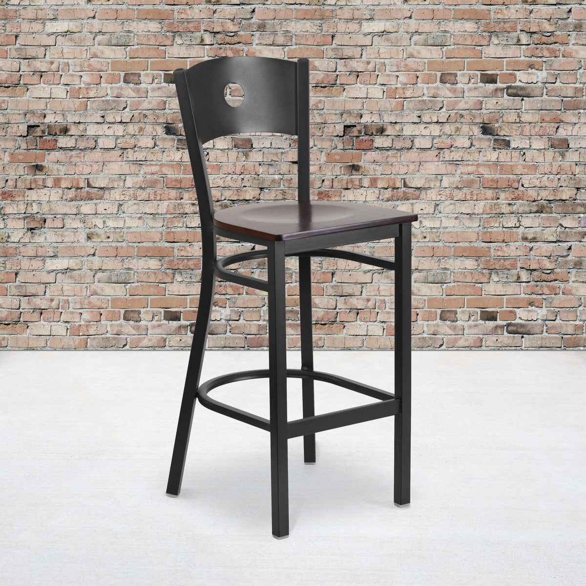 Walnut Wood Seat/Black Metal Frame |#| Black Circle Back Metal Restaurant Barstool - Walnut Wood Seat