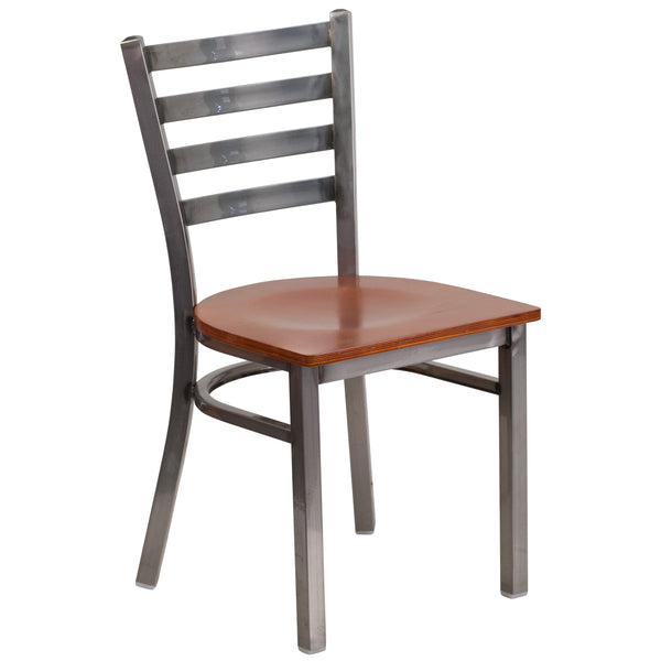 Cherry Wood Seat/Clear Coated Metal Frame |#| Clear Coated Ladder Back Metal Restaurant Chair - Cherry Wood Seat