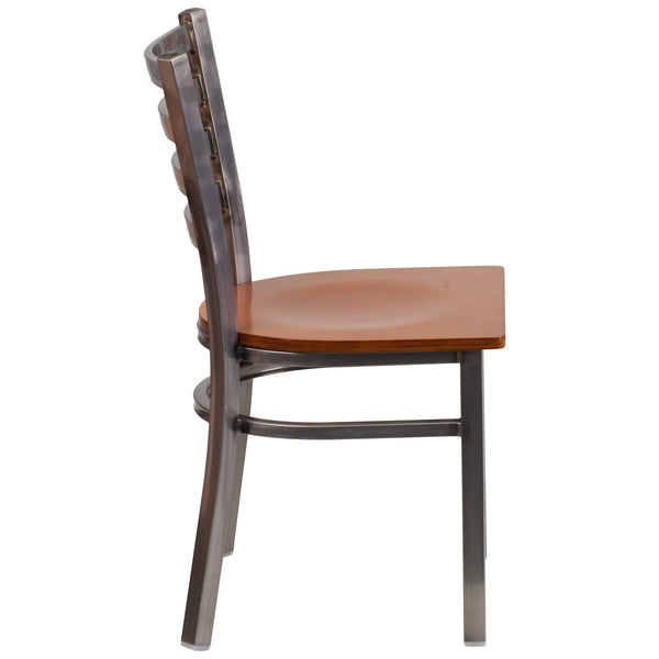 Cherry Wood Seat/Clear Coated Metal Frame |#| Clear Coated Ladder Back Metal Restaurant Chair - Cherry Wood Seat