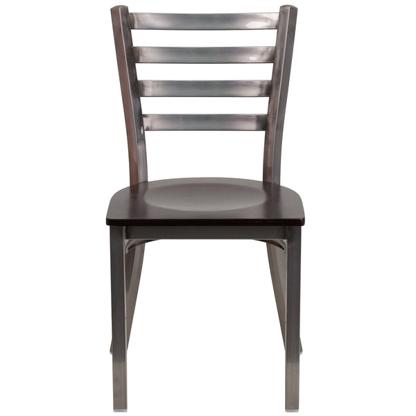 Walnut Wood Seat/Clear Coated Metal Frame |#| Clear Coated Ladder Back Metal Restaurant Chair - Walnut Wood Seat