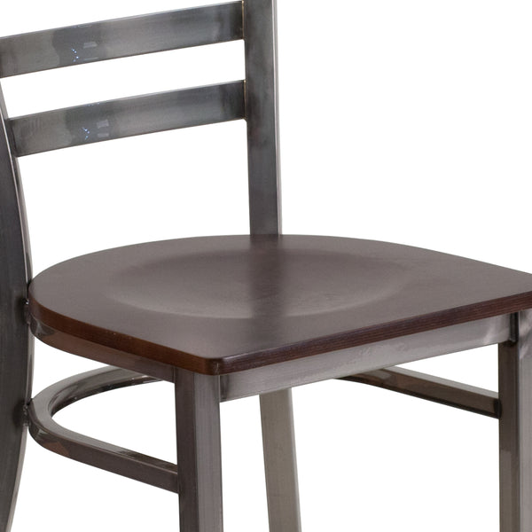 Walnut Wood Seat/Clear Coated Metal Frame |#| Clear Coated Ladder Back Metal Restaurant Chair - Walnut Wood Seat