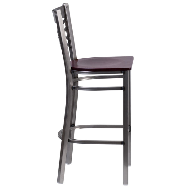 Mahogany Wood Seat/Clear Coated Metal Frame |#| Clear Coated inchXinch Back Metal Restaurant Barstool - Mahogany Wood Seat