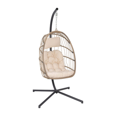 Cleo Patio Hanging Egg Chair, Wicker Hammock with Soft Seat Cushions & Swing Stand, Indoor/Outdoor Cushions