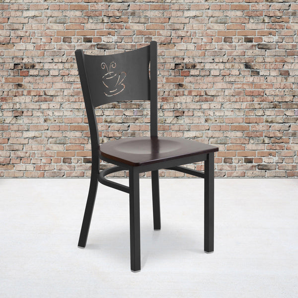 Walnut Wood Seat/Black Metal Frame |#| Black Coffee Back Metal Restaurant Chair with Walnut Wood Seat