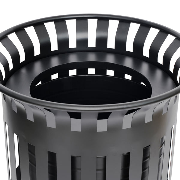 Black |#| Commercial Outdoor Round Slatted Steel 37 Gallon Trash Can with Inner Bin in Blk