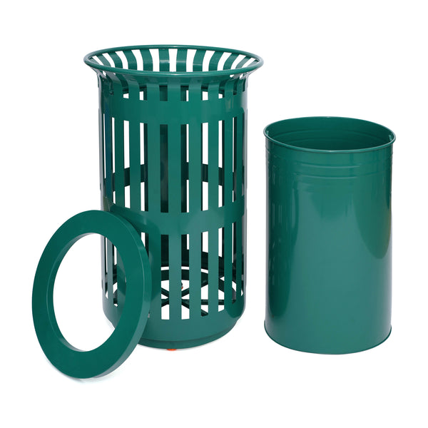 Green |#| Commercial Outdoor Round Slatted Steel 37 Gallon Trash Can with Inner Bin in Grn
