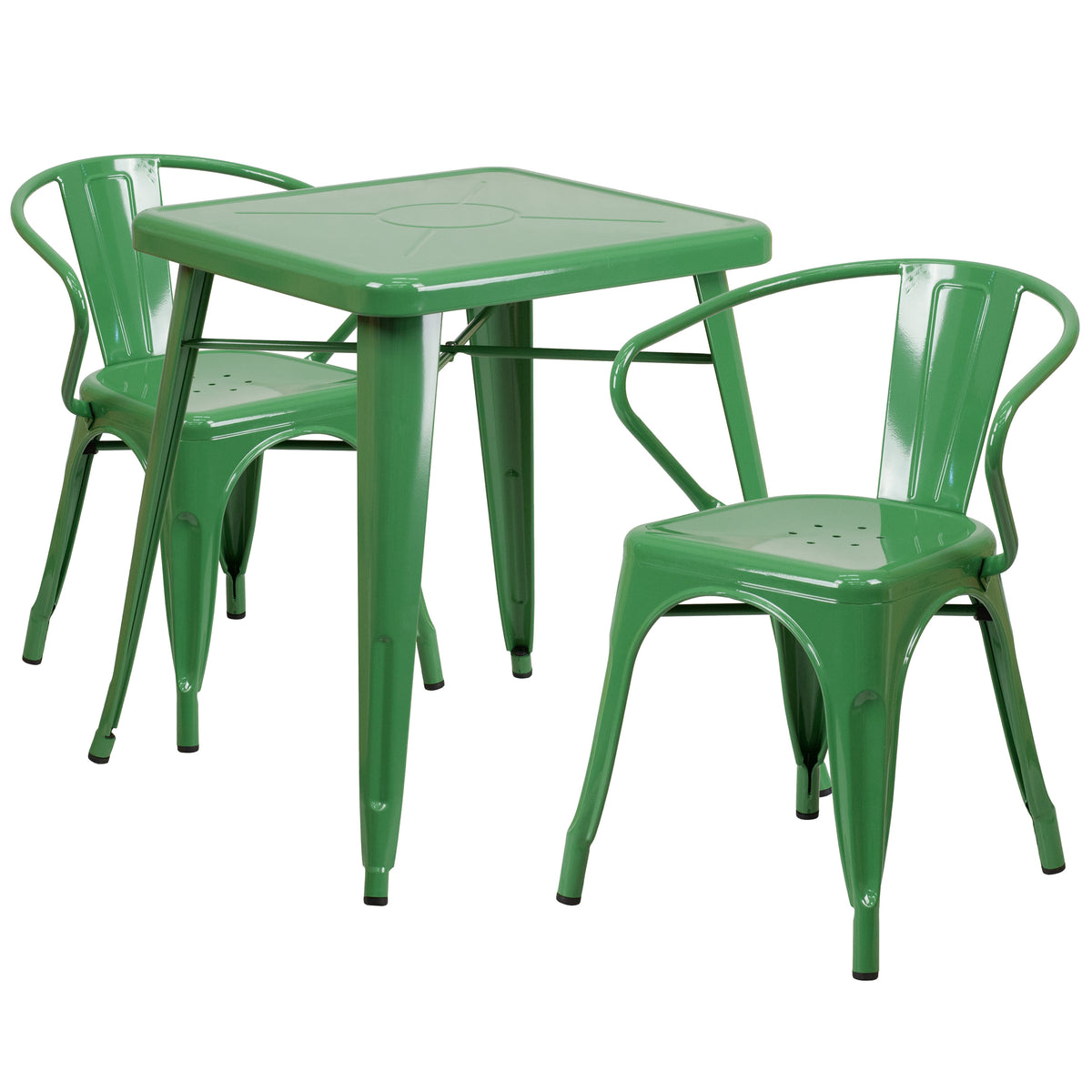 Green |#| 23.75inch Square Green Metal Indoor-Outdoor Table Set with 2 Arm Chairs