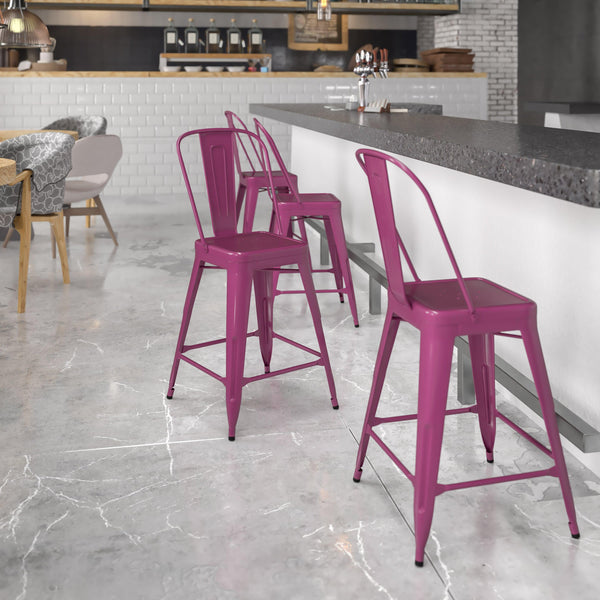 Purple |#| 24inch High Purple Metal Indoor-Outdoor Counter Height Stool with Back