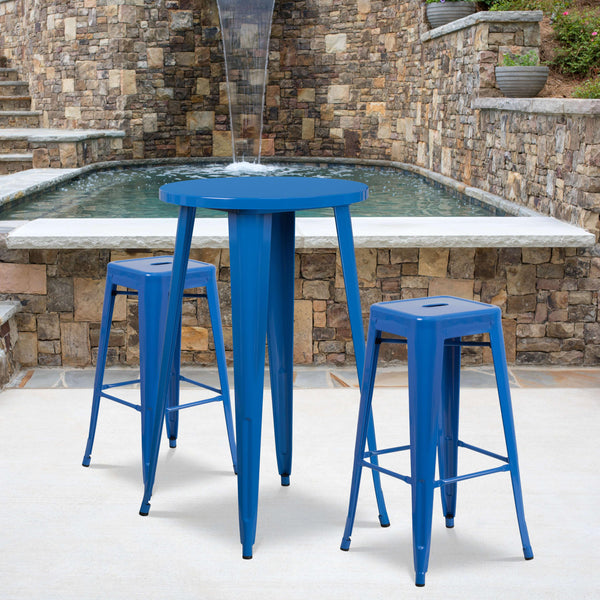 Blue |#| 24inch Round Blue Metal Indoor-Outdoor Bar Table Set with 2 Backless Stools