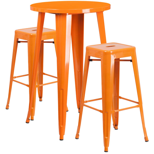 Orange |#| 24inch Round Orange Metal Indoor-Outdoor Bar Table Set with 2 Backless Stools