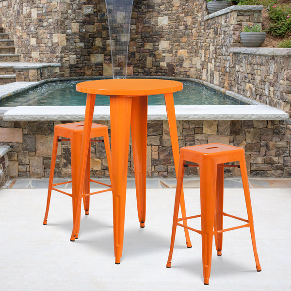 Orange |#| 24inch Round Orange Metal Indoor-Outdoor Bar Table Set with 2 Backless Stools