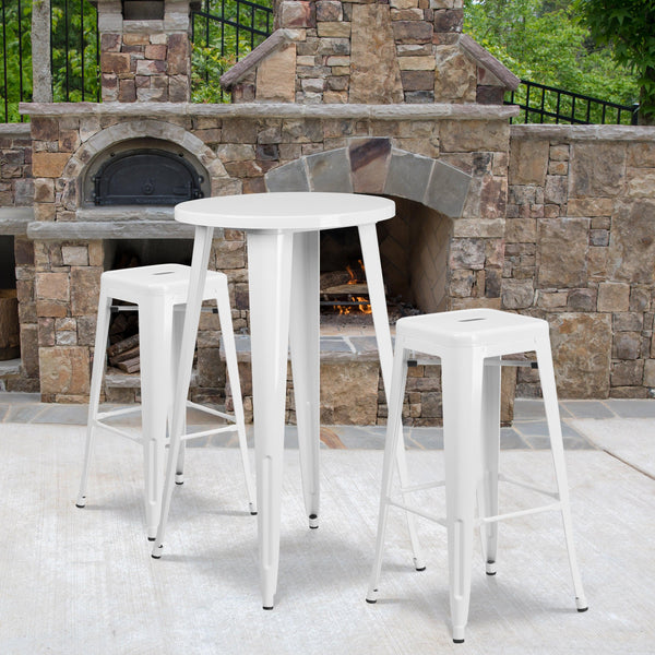 White |#| 24inch Round White Metal Indoor-Outdoor Bar Table Set with 2 Backless Stools