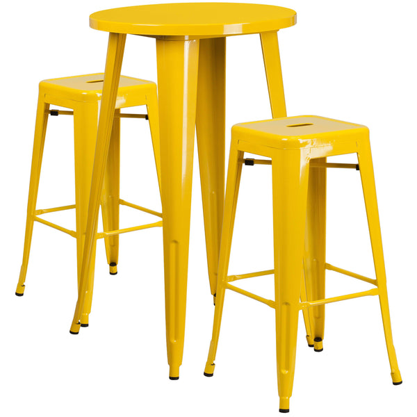 Yellow |#| 24inch Round Yellow Metal Indoor-Outdoor Bar Table Set with 2 Backless Stools