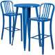 Blue |#| 24inch Round Blue Metal Indoor-Outdoor Bar Table Set with 2 Slat Back Stools