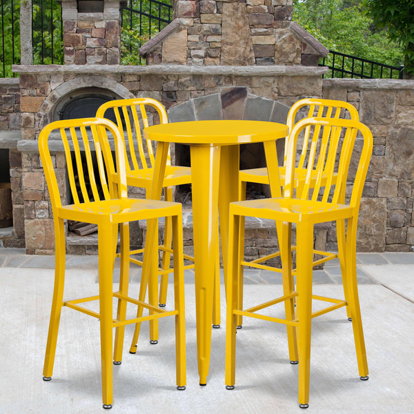 Yellow |#| 24inch Round Yellow Metal Indoor-Outdoor Bar Table Set with 4 Slat Back Stools