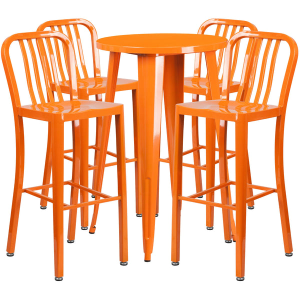 Orange |#| 24inch Round Orange Metal Indoor-Outdoor Bar Table Set with 4 Slat Back Stools