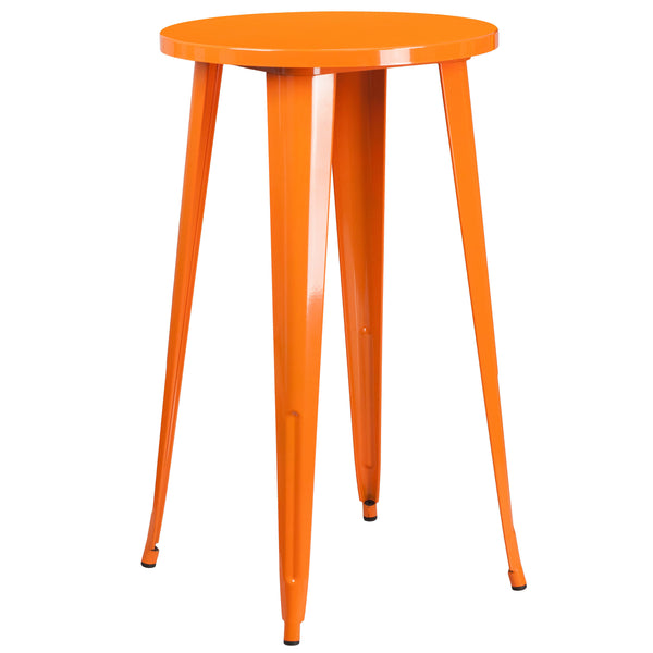 Orange |#| 24inch Round Orange Metal Indoor-Outdoor Bar Table Set with 4 Slat Back Stools