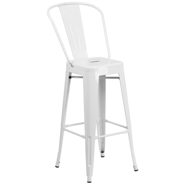 White |#| 30inch High White Metal Indoor-Outdoor Barstool with Back - Kitchen Furniture