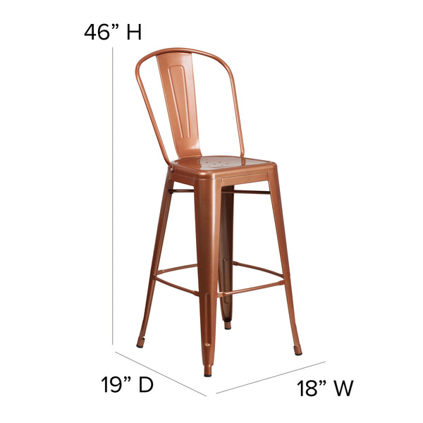 Copper |#| 30inch High Copper Metal Indoor-Outdoor Barstool with Back