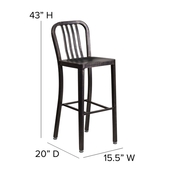 Black-Antique Gold |#| 30inch High Black-Gold Metal Indoor-Outdoor Barstool with Vertical Slat Back