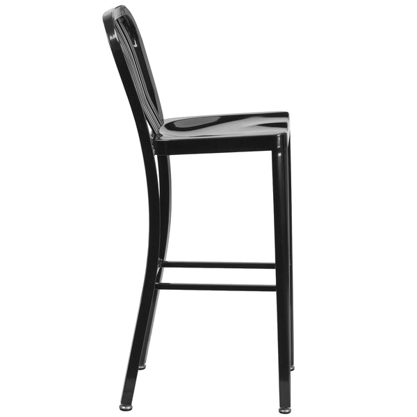 Black |#| 30inch High Black Metal Indoor-Outdoor Barstool with Vertical Slat Back