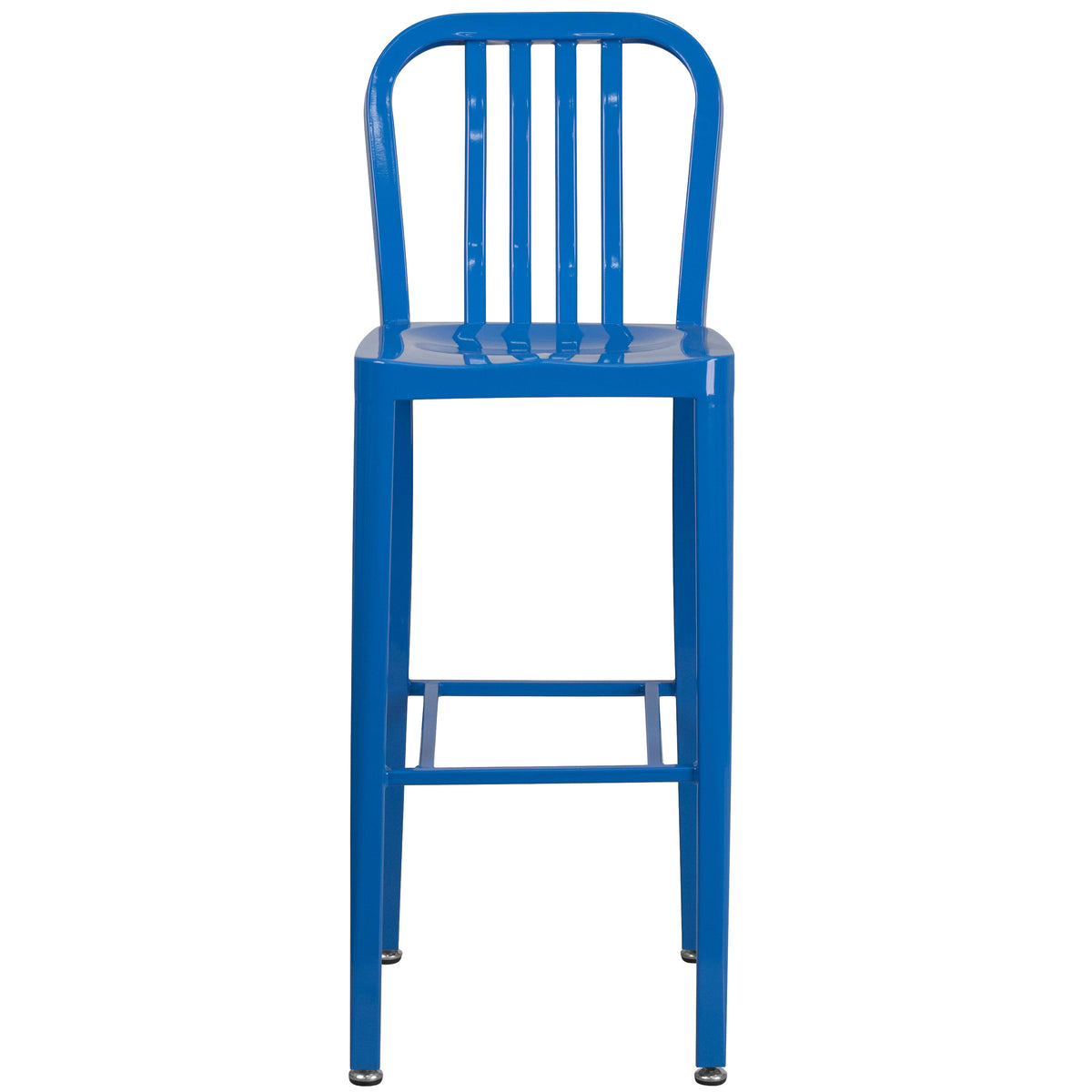 Blue |#| 30inch High Blue Metal Indoor-Outdoor Barstool with Vertical Slat Back