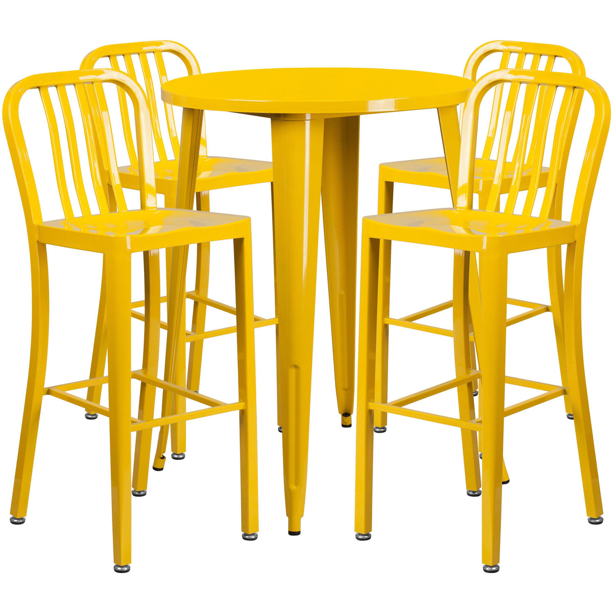 Yellow |#| 30inch Round Yellow Metal Indoor-Outdoor Bar Table Set with 4 Slat Back Stools